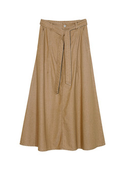 Women Vintage Belted Denim Long Skirts