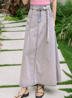 Women Vintage Belted Denim Long Skirts