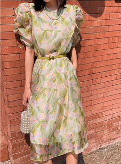 Pretty Chiffon Puff Sleeve Floral Print Summer Dresses With Belt