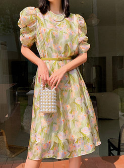 Pretty Chiffon Puff Sleeve Floral Print Summer Dresses With Belt
