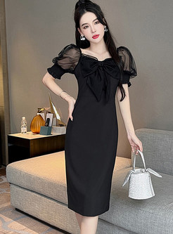Puff Sleeve Little Black Dress With Bowknot
