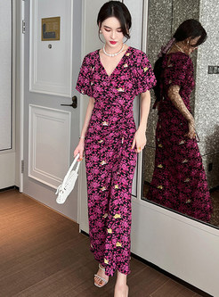 Chiffon V-Neck Floral Print Drawcord Maxi Dresses