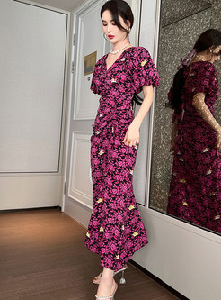 Chiffon V-Neck Floral Print Drawcord Maxi Dresses