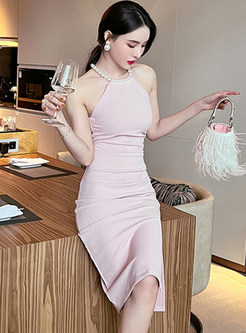 Halter Neck Pearl Decoration Sexy Party Dresses