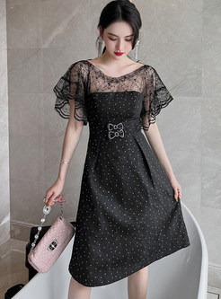 Flutter Sleeve Rhinestones Decoration Black Dresses