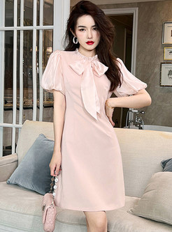 Sweet Lantern Sleeve Short Dress With Front Tie