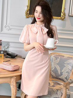 Sweet Lantern Sleeve Short Dress With Front Tie