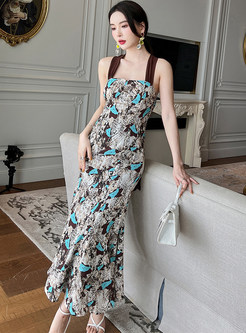 Floral Print Backless Crossover Lacing Long Peplum Dresses