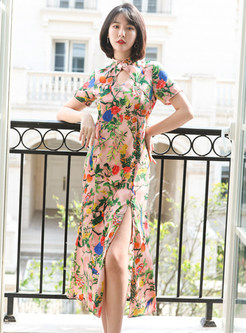 Sexy Floral Print Side Slit Cheongsam Dresses