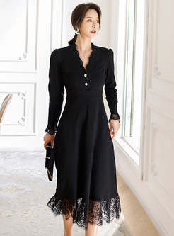 Black Long Sleeve Lace Patch Cocktail Dresses