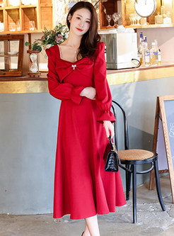 Red Square Neck Plus Size Dresses With Bowknot