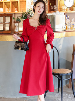 Red Square Neck Plus Size Dresses With Bowknot