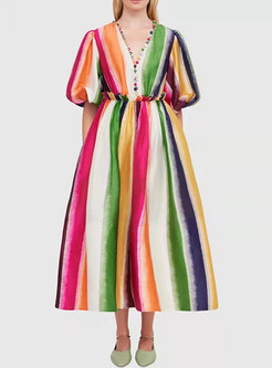 V-Neck Colorful Striped Bubble Dresses