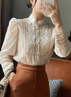 Women Long Sleeve Button Down Embroidery Top Blouse