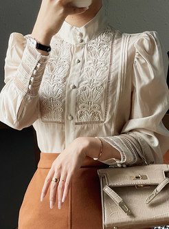 Women Long Sleeve Button Down Embroidery Top Blouse