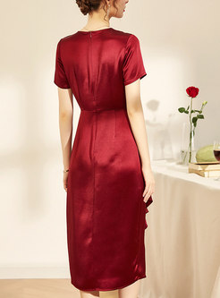 Women V-Neck Short Sleeve Silk Red Dress