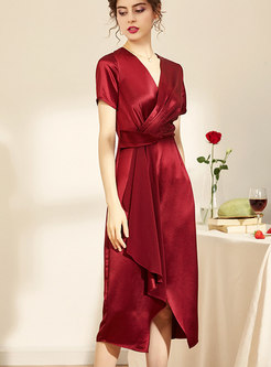 Women V-Neck Short Sleeve Silk Red Dress