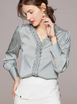 Women's V-Neck Long Sleeve Silk Shirt Blouse