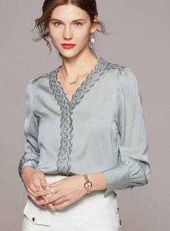 Women's V-Neck Long Sleeve Silk Shirt Blouse