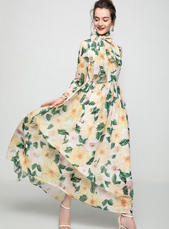 Long Sleeve Bow Tie Neck Floral Print Maxi Dress