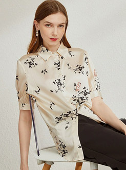 Women Short Sleeve Print Silk Shirt