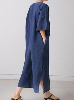 Summer V-Neck Short Sleeve Linen Midi Dress