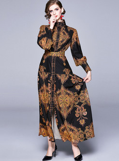 Women Long Sleeve Print Maxi Blouse Dress