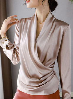 Women Wrap Waist Long Sleeve Silk Blouse
