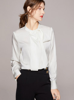 Women Elegant Bow Tie Neck Silk Work Shirt
