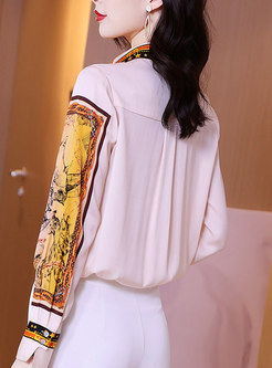 Women Long Seeve Print Casual Silk Shirt Top