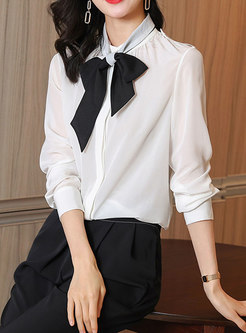 Women Elegant Bow Tie Neck Office Shirt