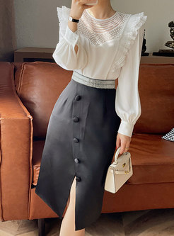 Women Long Sleeve Satin Skirt Suit