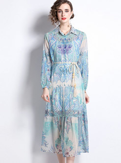 Bohemian Long Sleeve Print Chiffon Midi Dress