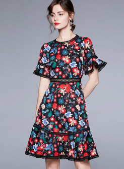 Ruffle Sleeve High Waist Floral Print Skater Dress