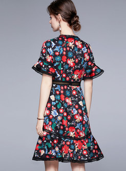 Ruffle Sleeve High Waist Floral Print Skater Dress