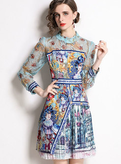 Vintage Long Sleeve Lace Print Mini Dress