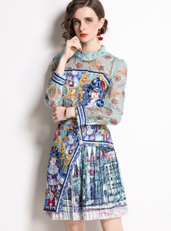Vintage Long Sleeve Lace Print Mini Dress