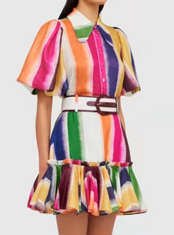 Stylish Turn-Down Collar Colorful Striped Skirt Suit