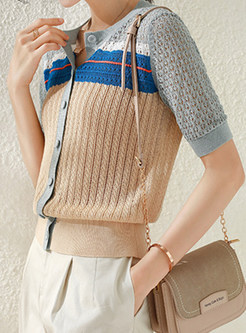 Women Crew Neck Single-Breasted Patchwork Knit Tops
