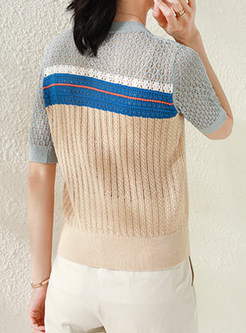Women Crew Neck Single-Breasted Patchwork Knit Tops