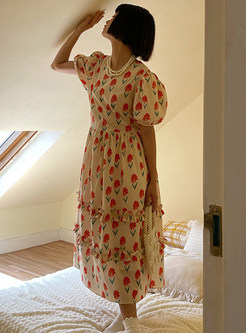 Pretty Puff Sleeve Flowers Pleated Layer Frill Dress