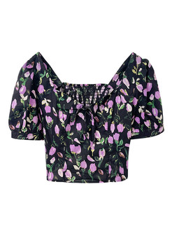 Women Summer Square Neck Flowers Tees
