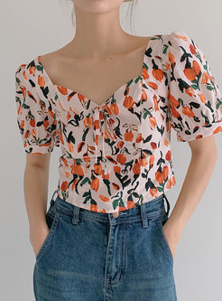 Women Summer Square Neck Flowers Tees
