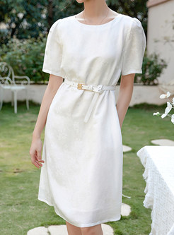Crew Neck Silk Solid Shift Dresses With Belt