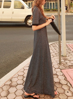 Women Short Sleeve Striped Casual Maxi Cotton Dress