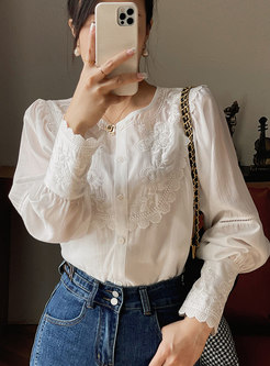 Women Long Sleeve Embroidery Top Blouse