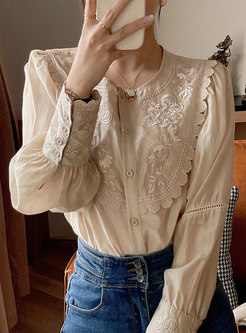 Women Long Sleeve Embroidery Top Blouse