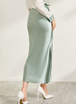 Women Elegant Side Slid Silk Skirt