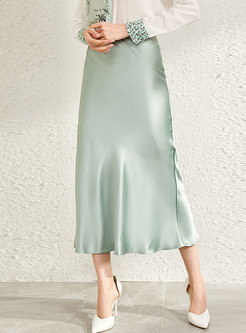 Women Elegant Side Slid Silk Skirt