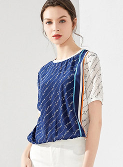 Women Short Sleeve Patchwork Silk T-shirt